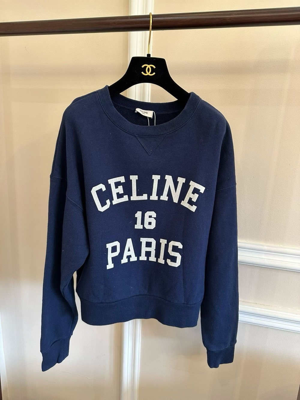 Celine Navy Crewneck Sweatshirt with White 'CELINE 16 PARIS' Logo
